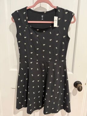 GAP Black Fit-and-Flare Dress with Small White Floral Print